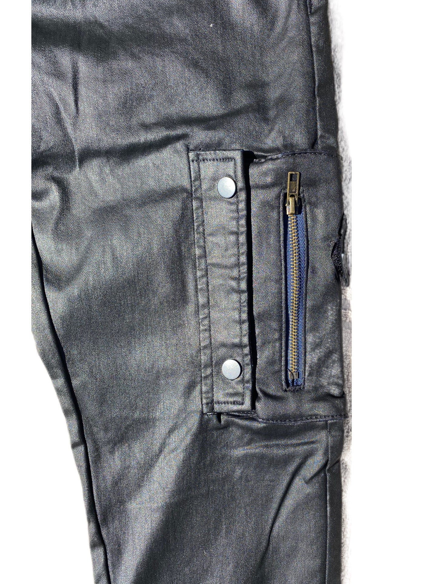 Coated denim jeans.