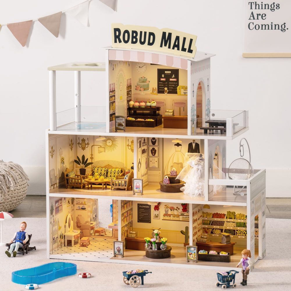 ROBOTIME Wood Dollhouse Shopping Mall Doll House With Lights Music For Xmas Gift