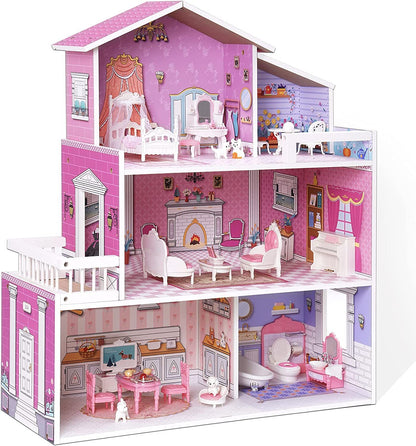 ROBOTIME 3 Levels Wooden Dollhouse  Furniture Dreamhouse Girls Mansion Gift