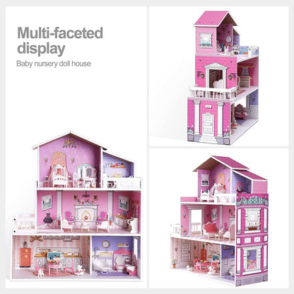 ROBOTIME 3 Levels Wooden Dollhouse  Furniture Dreamhouse Girls Mansion Gift