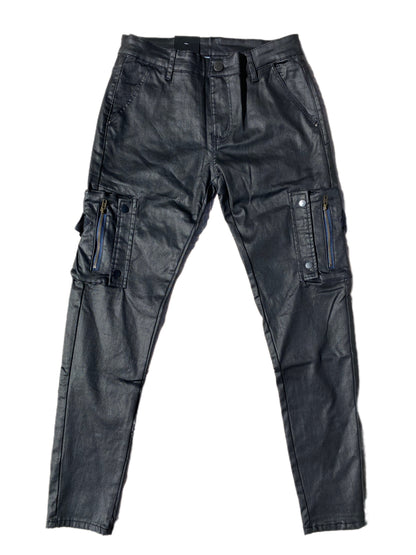 Coated denim jeans.