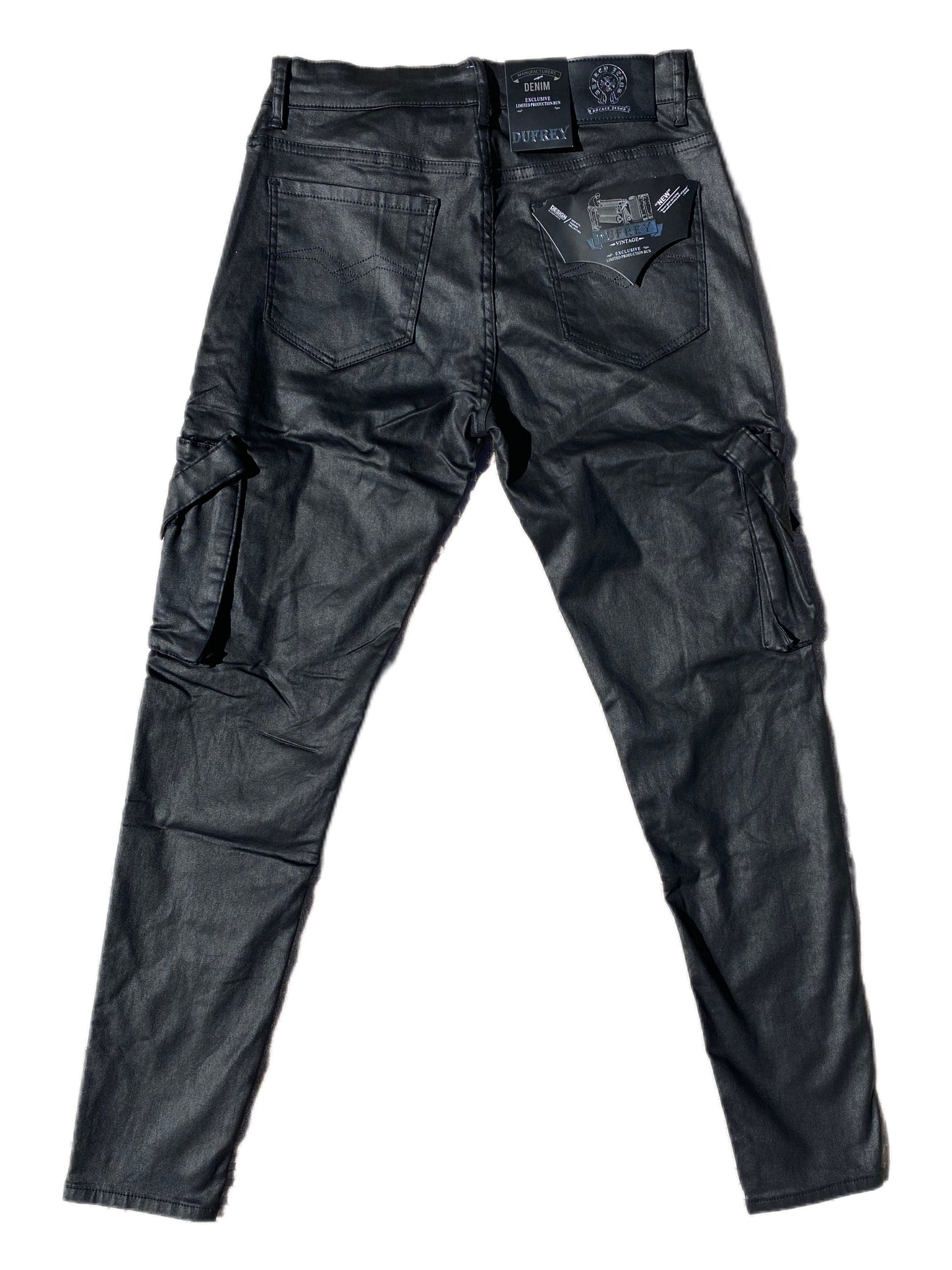 Coated denim jeans.