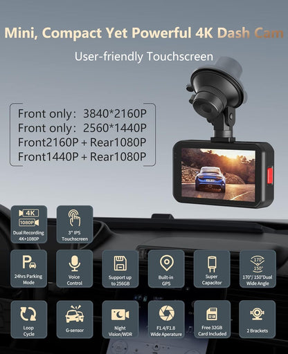 Dash Cam Front 4K And Rear 1080P Ussunny Dual Dash Camera