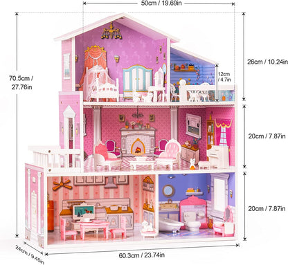 ROBOTIME 3 Levels Wooden Dollhouse  Furniture Dreamhouse Girls Mansion Gift